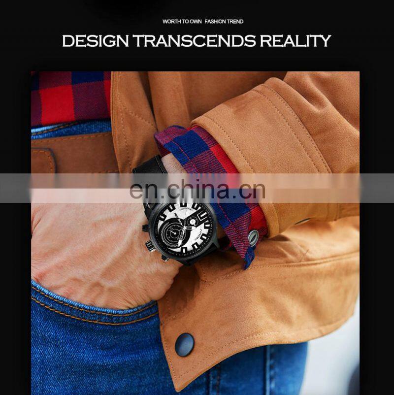 SINOBI Chronograph Men's Watch Calendar Date Function Luminous Soft Leather Band Quartz Watches S9786G Jam Tangan