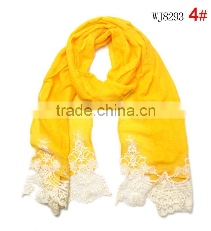 2015 Autumn Winter Newest Embroidery Floral Lace Sewed Cotton Baby Girls Scarf