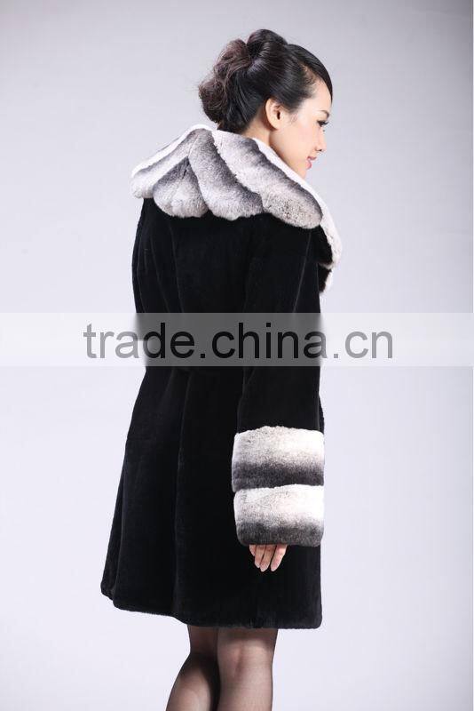 natural black rex rabbit fur coat with big chichilla style collar