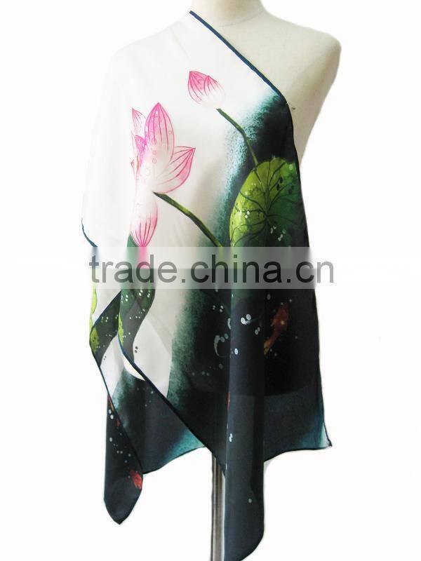 Lotus flower print digital print twill 100% silk long scarf suzhou silk