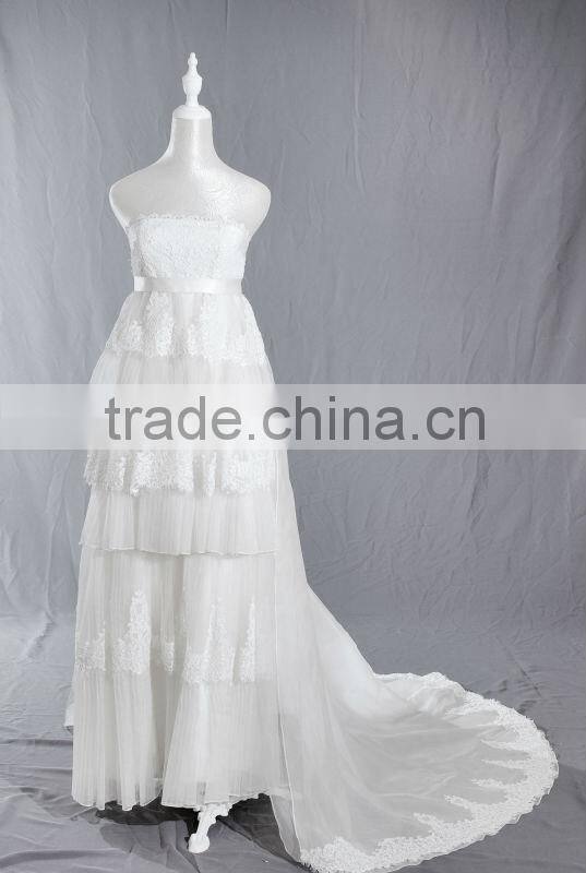 Strapless Empire Waist Tiered Lace & Pleated Silk Organza A-line Maternity Gown 2013 with Detachable Chapel Train WY0039-1