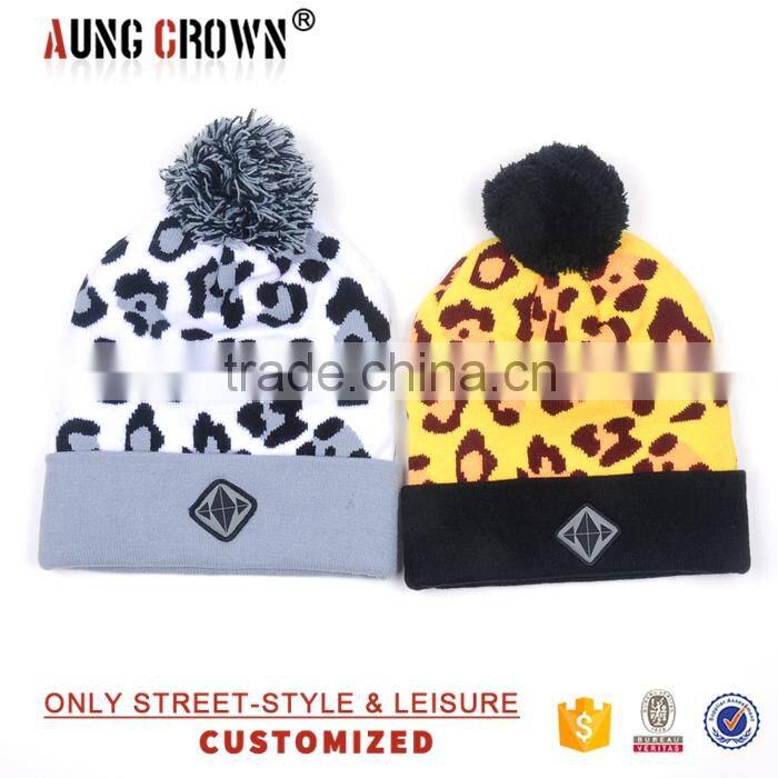 custom knitted cuff embroidery beanie hat/pom pom jacquard knitted hat