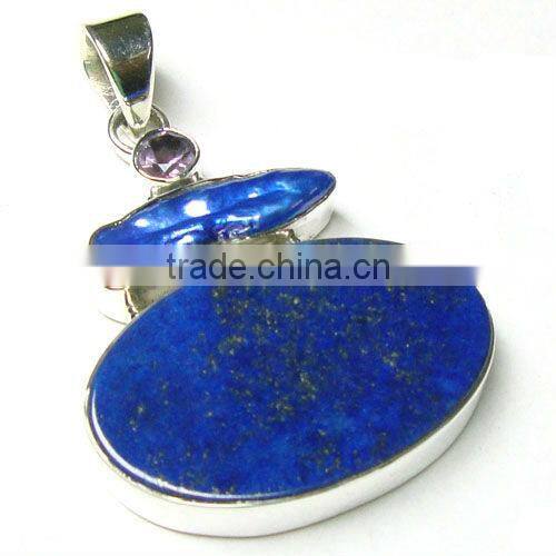 925 Sterling Silver Blue Lapis Lazuli Cabochon Stone Pendant