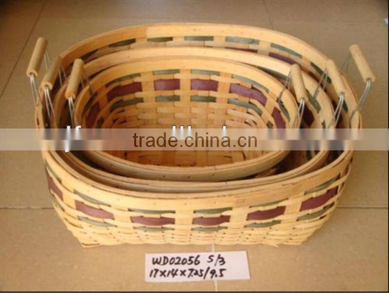 Mixed colour weaving wooden wood chip baskets with handles