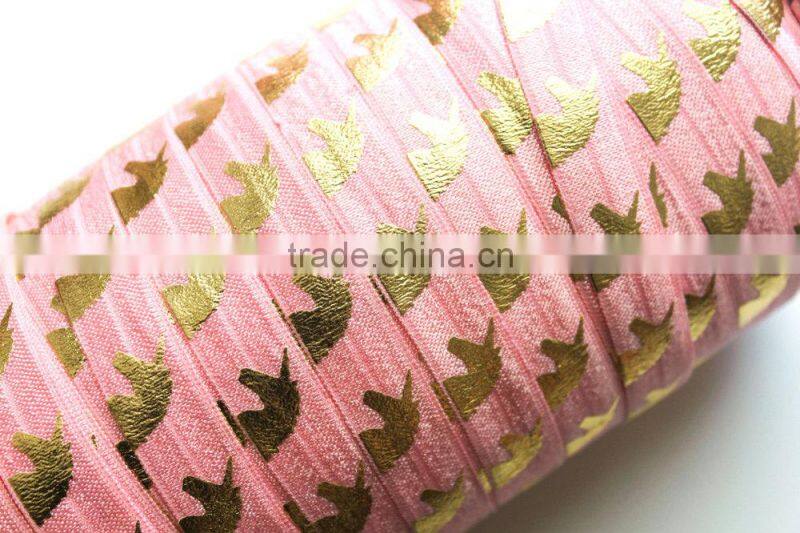 5/8" Fold Over Elastic Gold Unicorn on Carnation Pink Pattern Metallic Printed elastic band for underwear trousers