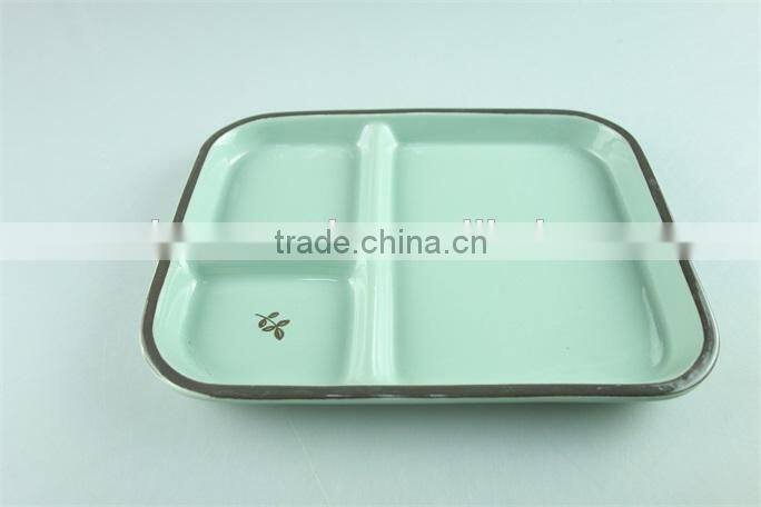 stocked white ceramic rectangle French fries serving plate with dipping dish and iron stand