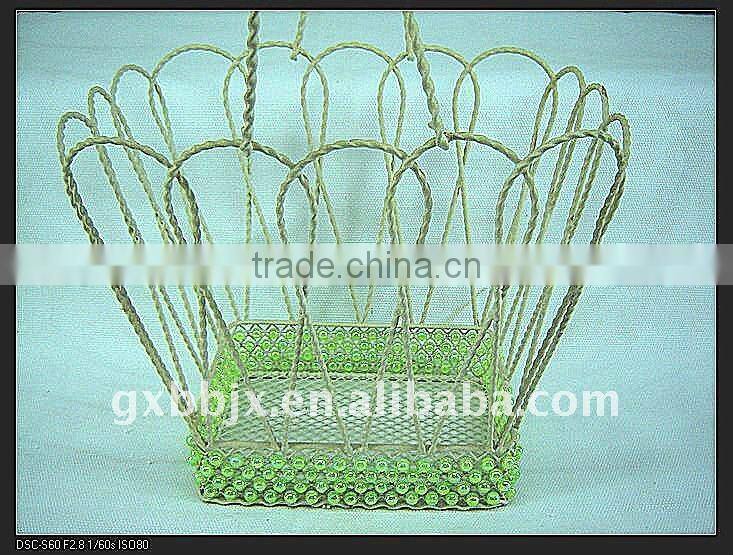 Rectangle beaded wire decorative with green pearl hanging fruit basket