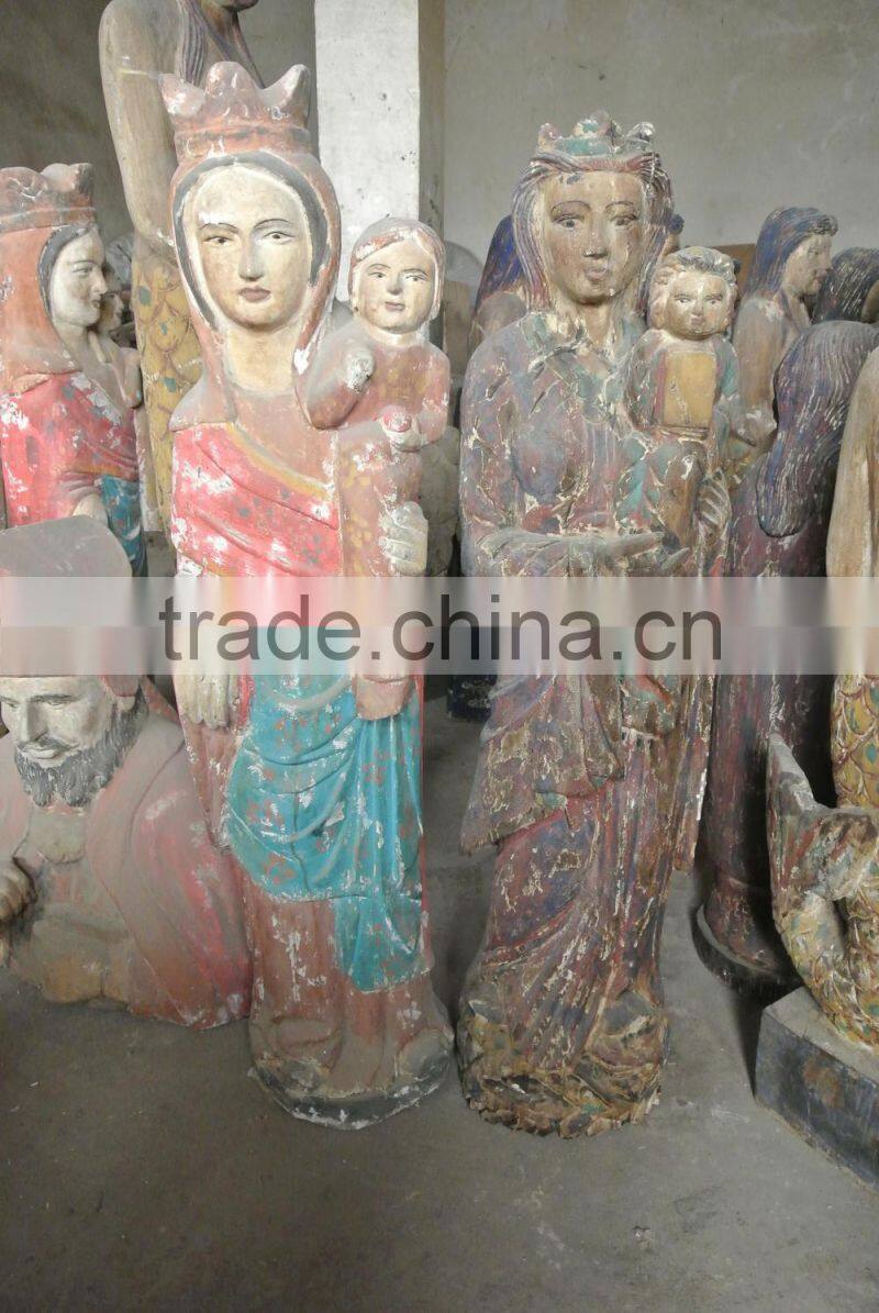 Antique wooden carving virgin Mary with child sculpture
