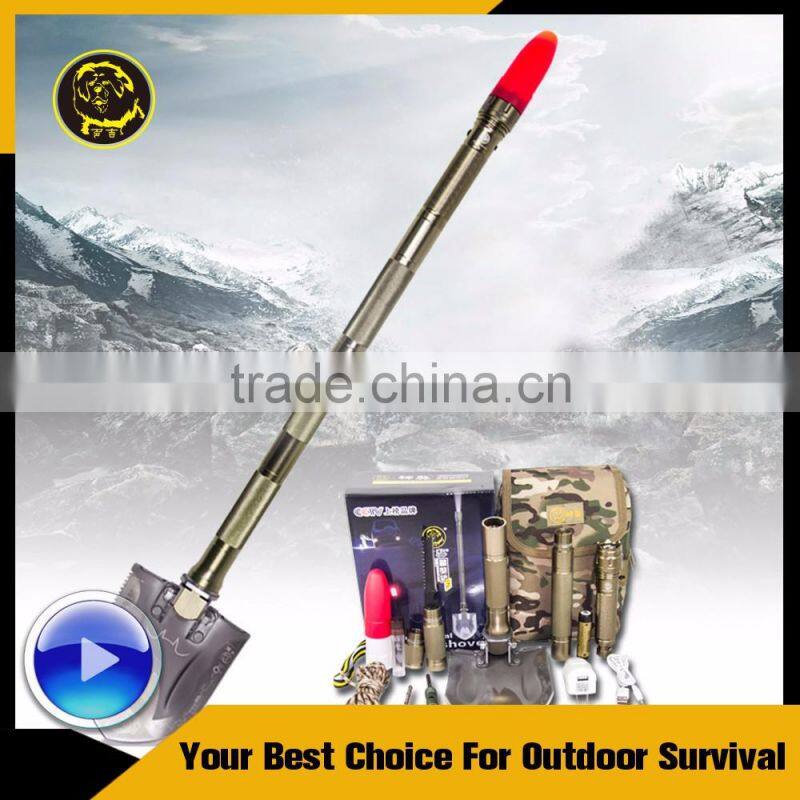 Heavy-Duty Multi-function Tactical Shovel with Hoe Hammer Knife Flashlight Fire Starter