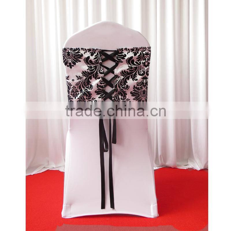 White & Black Flocking Taffeta Chair Sash/Band with Tie/Tape/Ribbon at back