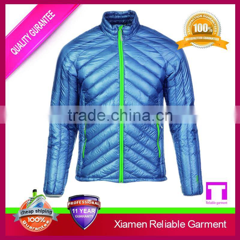 Blue colour long sleeve leather men down jacket