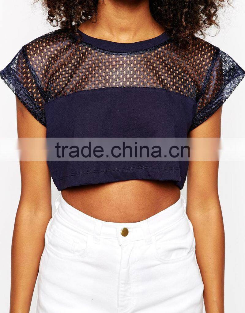 Mesh fabric crop t-shirt for girls wholesale
