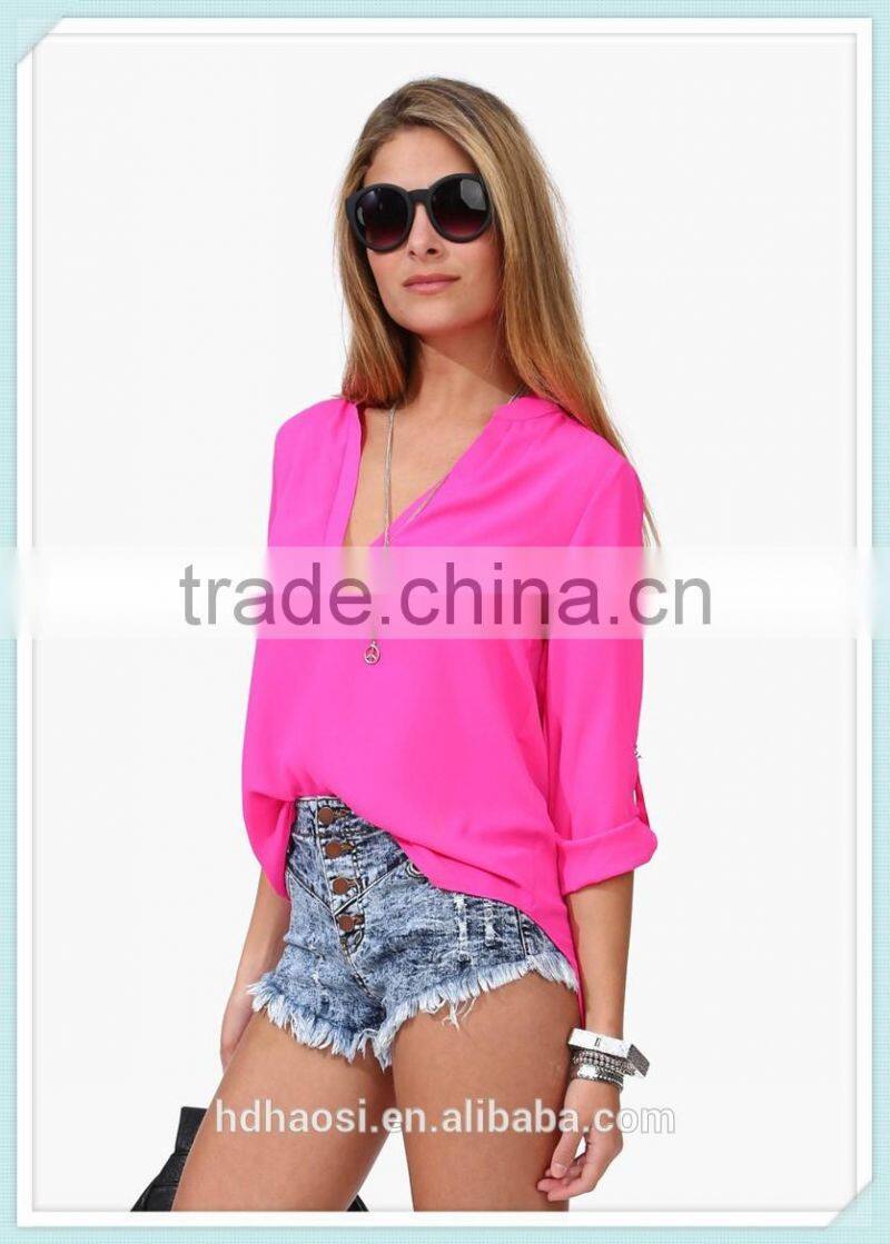 Customized New Fashion Cheap long sleeved Chiffon Blouse Women's Loose Casual Sexy Chiffon V-Neck Blouse shirts