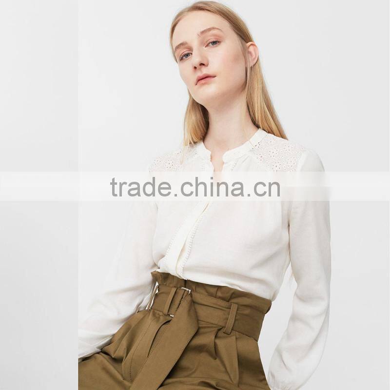 HOT SALE nice long sleeve with buttoned cuff,women openwork trims blouse