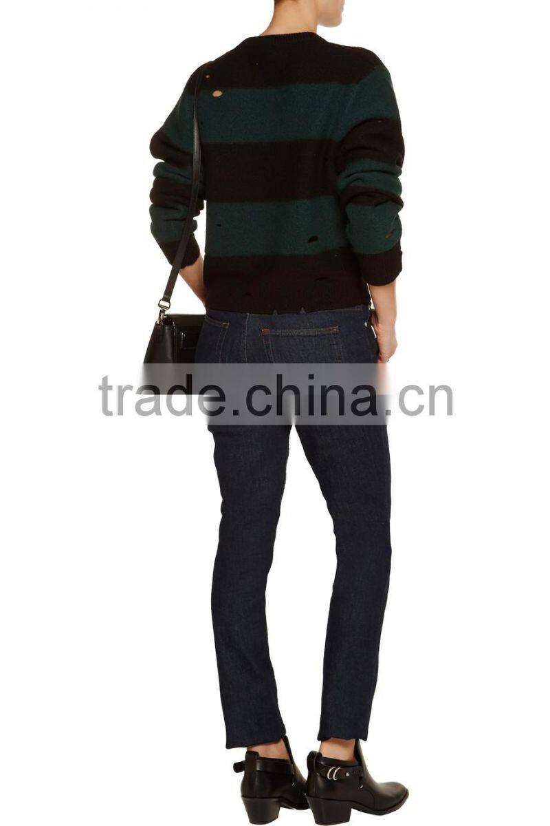 High Quality 100% Wool Mid-weight Striped Distressed Sweater Knitted for Women