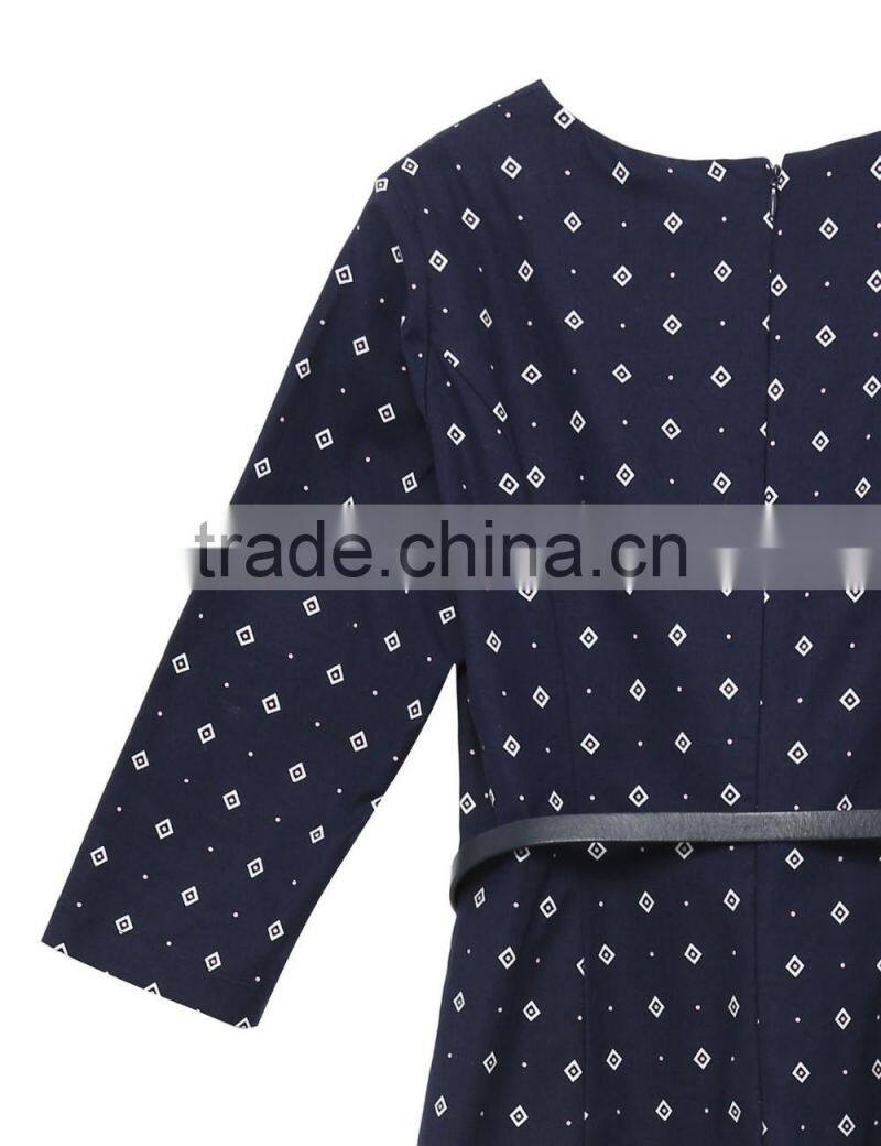 Girls navy polka Dot mini v-neck long sleeve A-line dress with leather belt