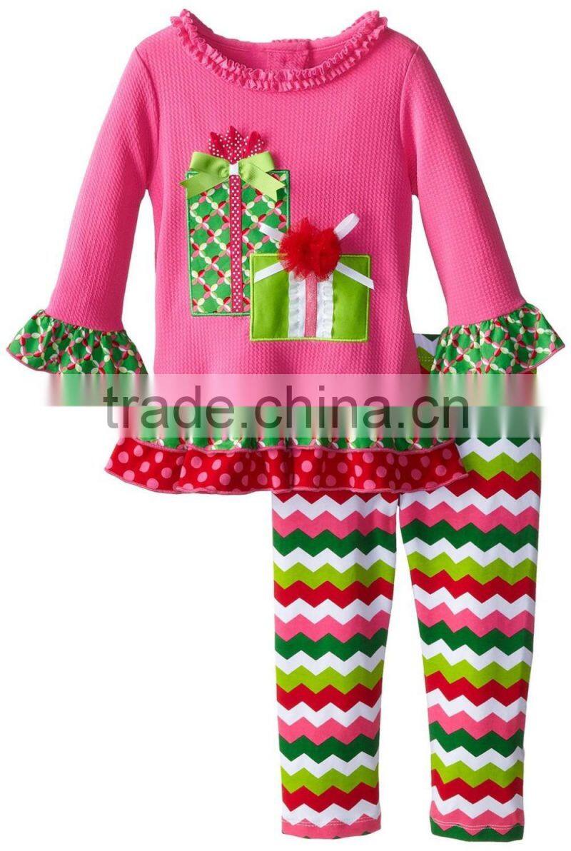 Wholesale boutique fall girls gift children ruffle shirts with chevron pants kids christmas outfits