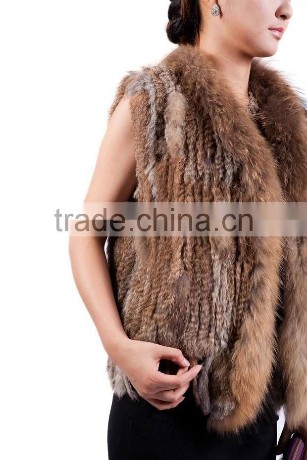Brown rabbit fur knitted vest dyed color raccoon fur vest for women spring fall winter