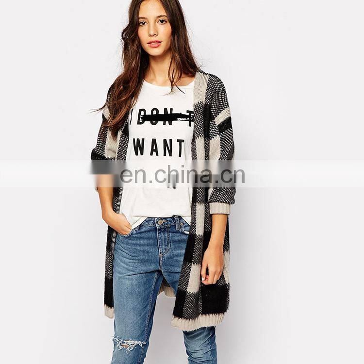 New arrival checked woolen sweater designs for ladies open chest sweater