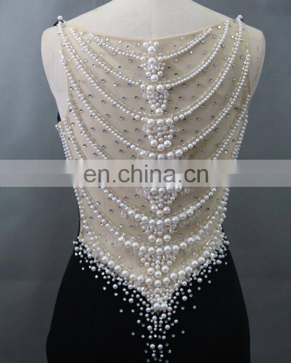 2016 black bead V neck side split sexu back open evening dress
