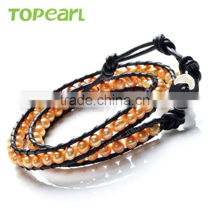 Topearl Jewelry 2016 Stylish Potato Shape Champagne Freshwater Pearl Bracelet Woven Leather Wrap Ladies Bracelets CLL164