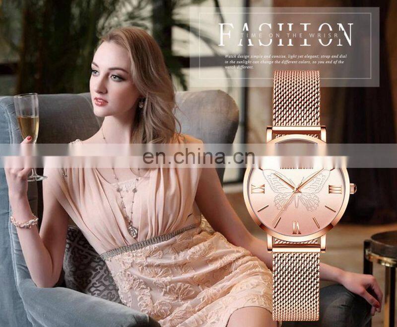 Hannah Martin 13620 Women Watch Luxury 3D Butterfly Rose Gold Mesh Strap Japanese Movement Waterproof Quartz Women Wristwatch