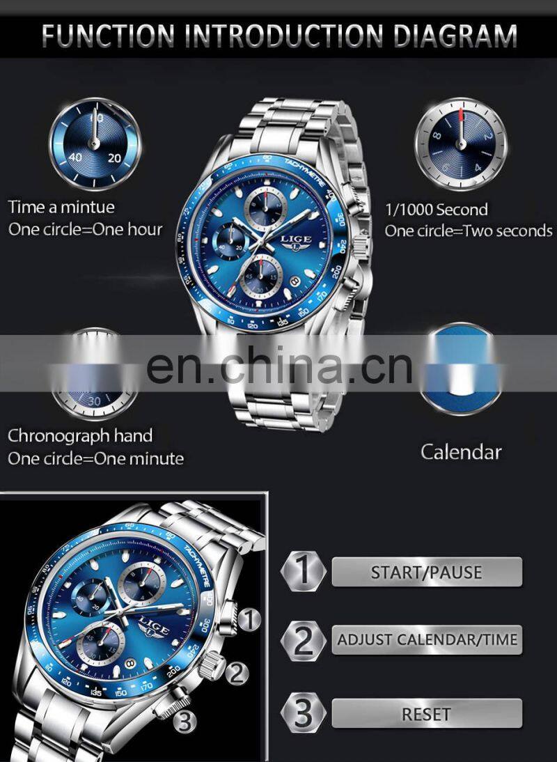 LIGE 8931 Men Quartz Watch Fashion Waterproof Calendar Diver watches men wrist top