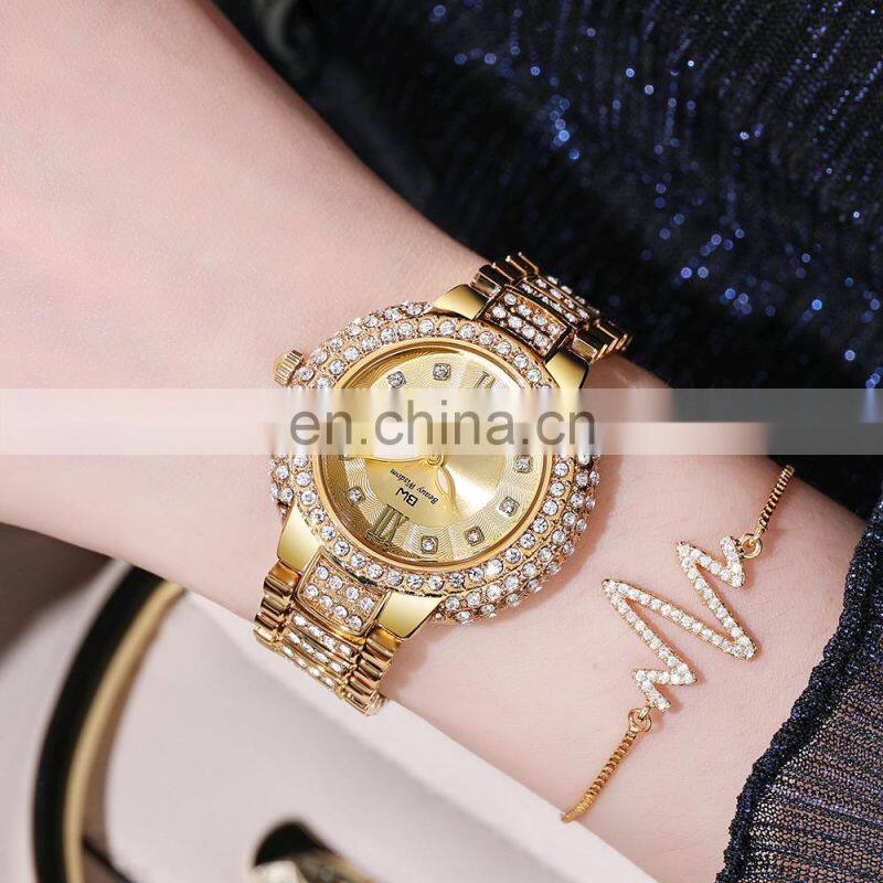 BW 8093 Iced Out Watches Women Gold Quartz Fashion Luxury Roman Font Waterproof Watch Jewelry