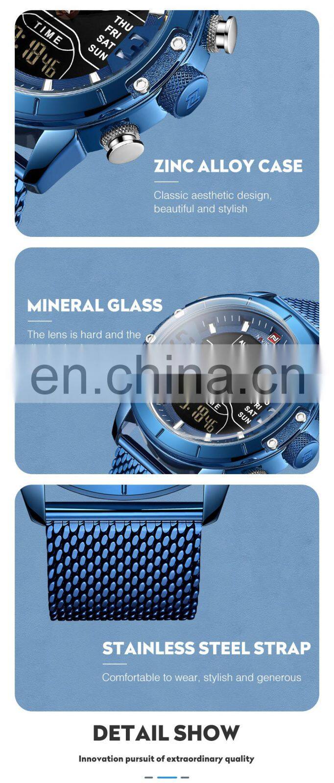 NAVIFORCE 9153 Men Week Time Display Stainless Steel Japan Quartz Business Wristwatch Digital Watches