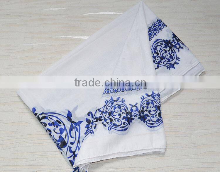 Autumun Winter Fashion Blue And White Porcelain Printing Cotton Pashmina Scarf With Tassel