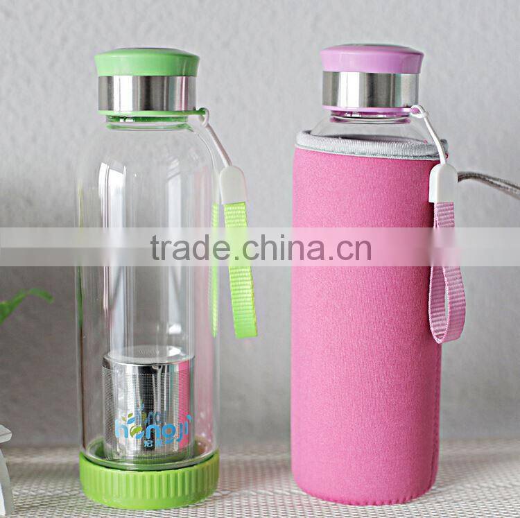 500ml car sport outdoor Portable Sports High Borosilicate Tea Filter Glass Water Bottle with Tea Infuser 2015
