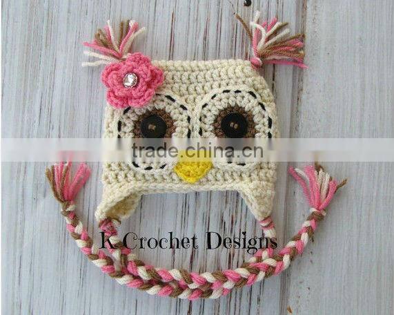 Crochet owl hat-baby girl owl hat-flower-creamy natural pink and brown