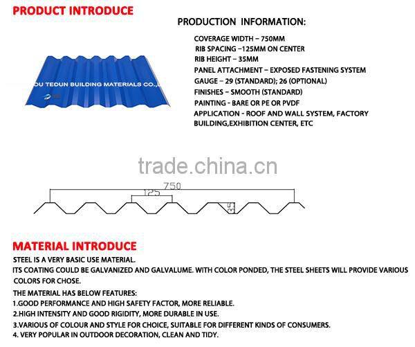 corrugated galvanized steel sheet for wall (YX35-125-750)