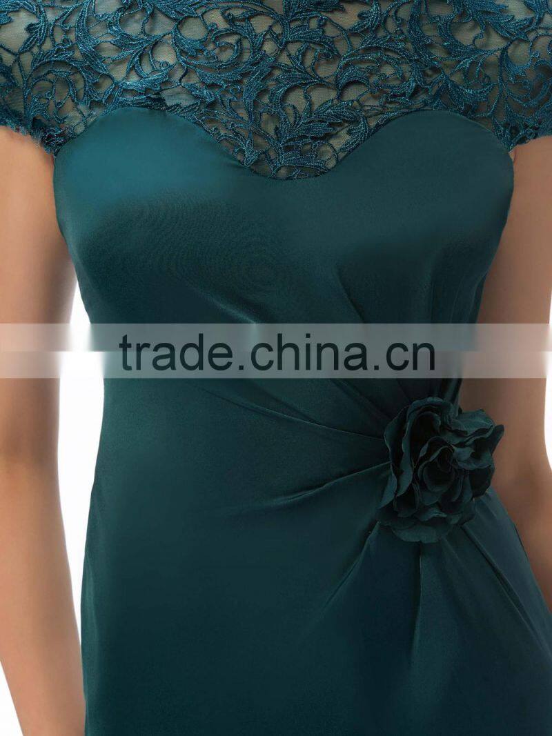 2015 Hot Sell Satin Cap Sleeves High Collar Lace Mermaid Elegant Knee Length Mother of the Bride Dress (DVMD-1256)