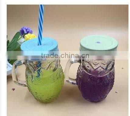Owl airtight mason glass jar,glass cup with handle