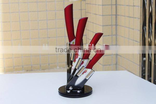 Red Handle Ceramic Blade with printing flower set of 4 multi-purpose knives