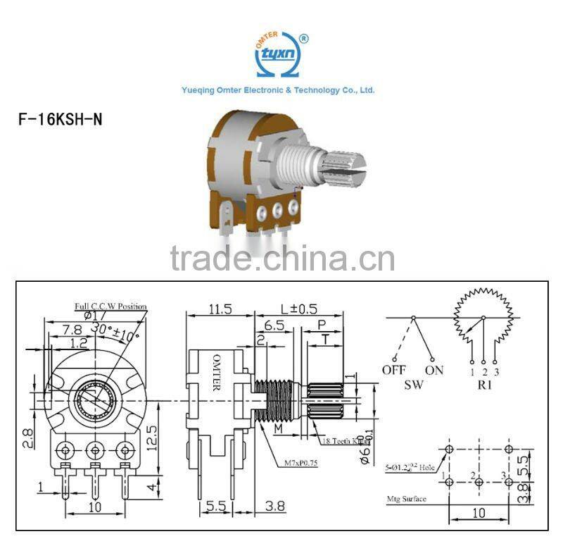 F-16KSH-N knurled shaft potentiometer
