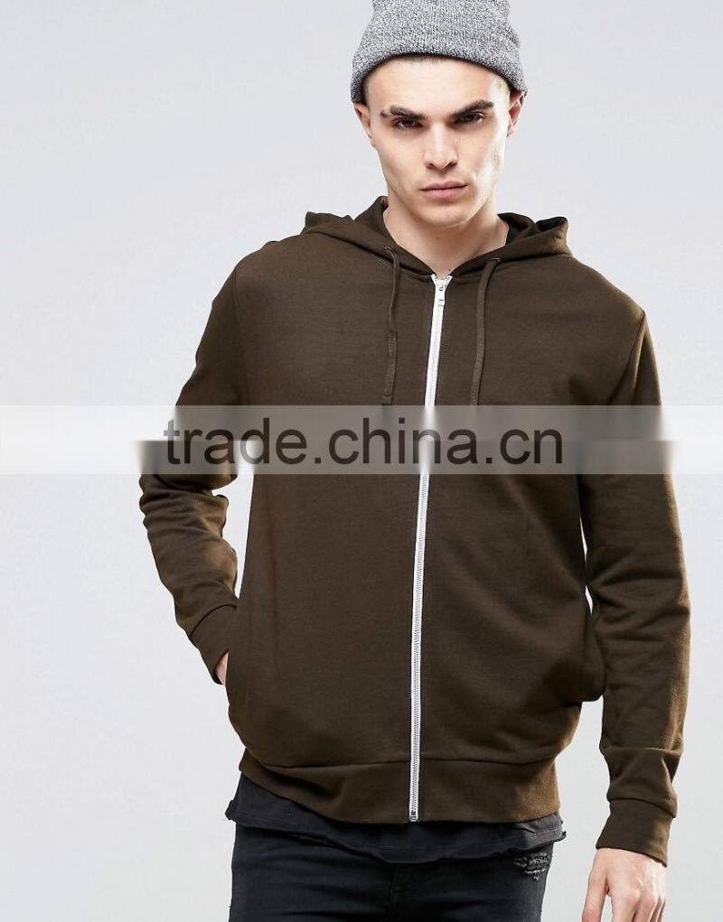 Promotion men 100% cotton high quality white zipper rib hem blank khaki hoodie
