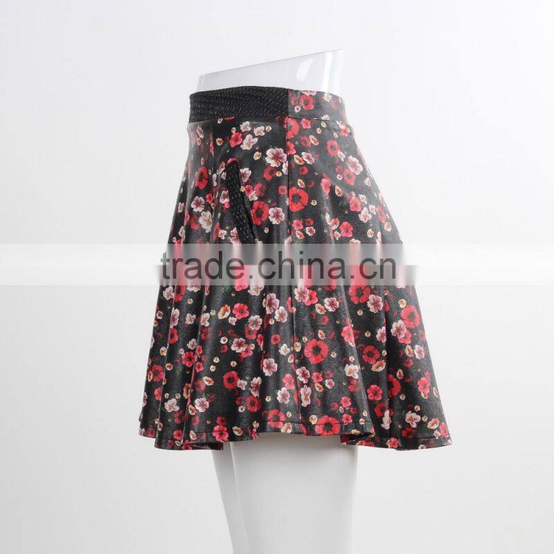 F5S43014 New Design Contrast Waistband Skater Skirt Women Floral Print Leather Skirts