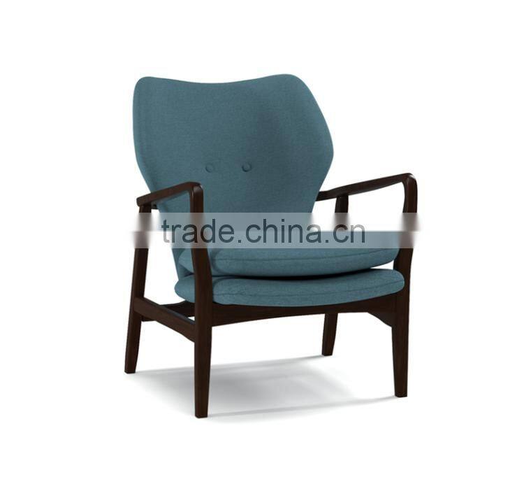 Mid-century walnut finished modern green fabric upholstered club chair with sleek polished wood arms