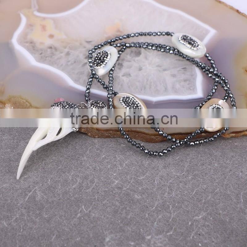 Charm Carved Shell Gem Necklace, with 3mm Black Hematite Beads Necklace, Pendant Druzy Natural Stone Necklace