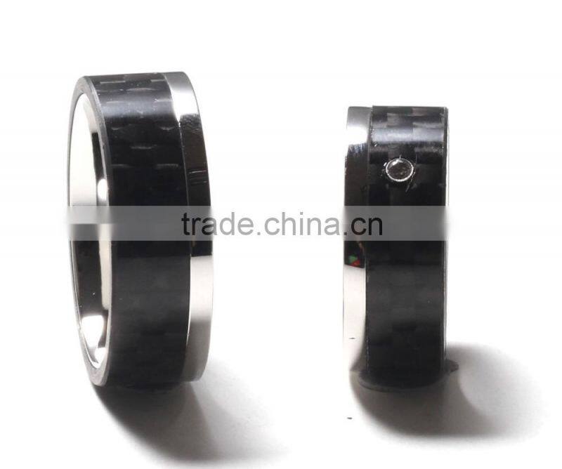 Stainless or titanium couple rings design for wedding with carbon fiber inlay