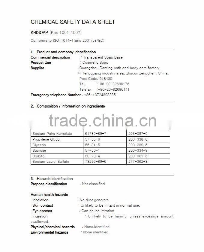 natural transparent melt and pour glycerin soap base, MSDS certificate