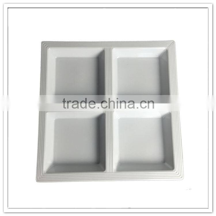 Four sections white melamine devided plates for appetizer , plastic food tray dinner plate