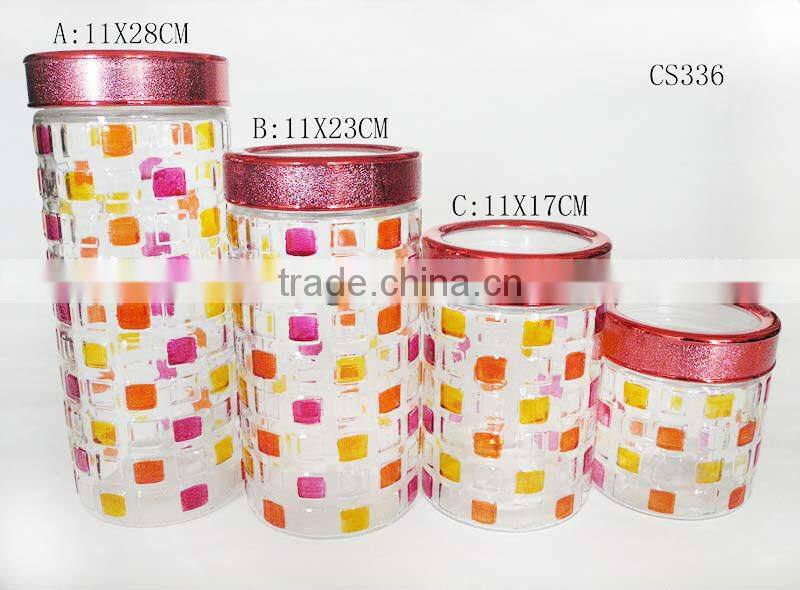 4 pcs elegant embossed bubble glass canisters set with plastic lidS
