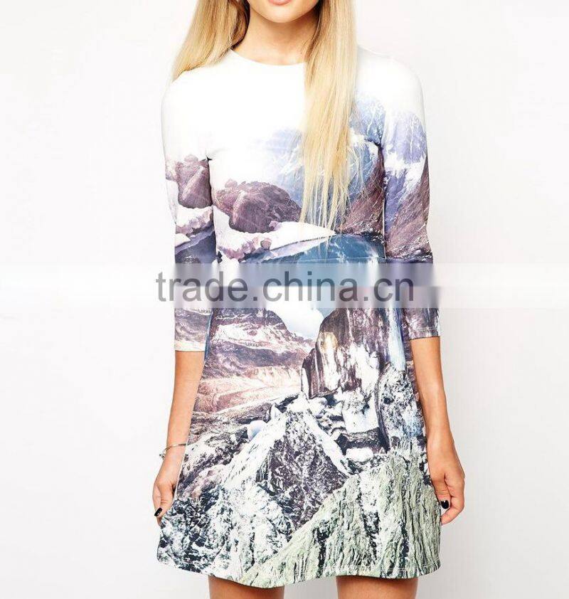 fashion long sleeve ladies short dress wholesale quality digital printed dress