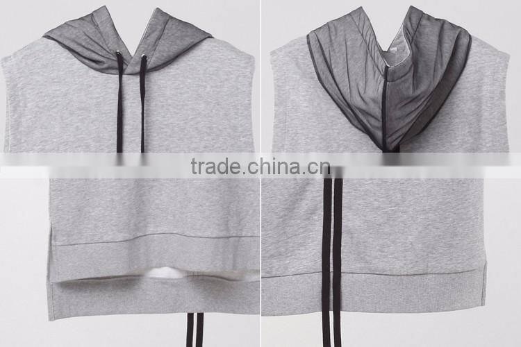 blank 100% cotton plain women's custom sleeveless cowl neck soft zip up long fit hoodie pullover gym factory hooded sweatshirt