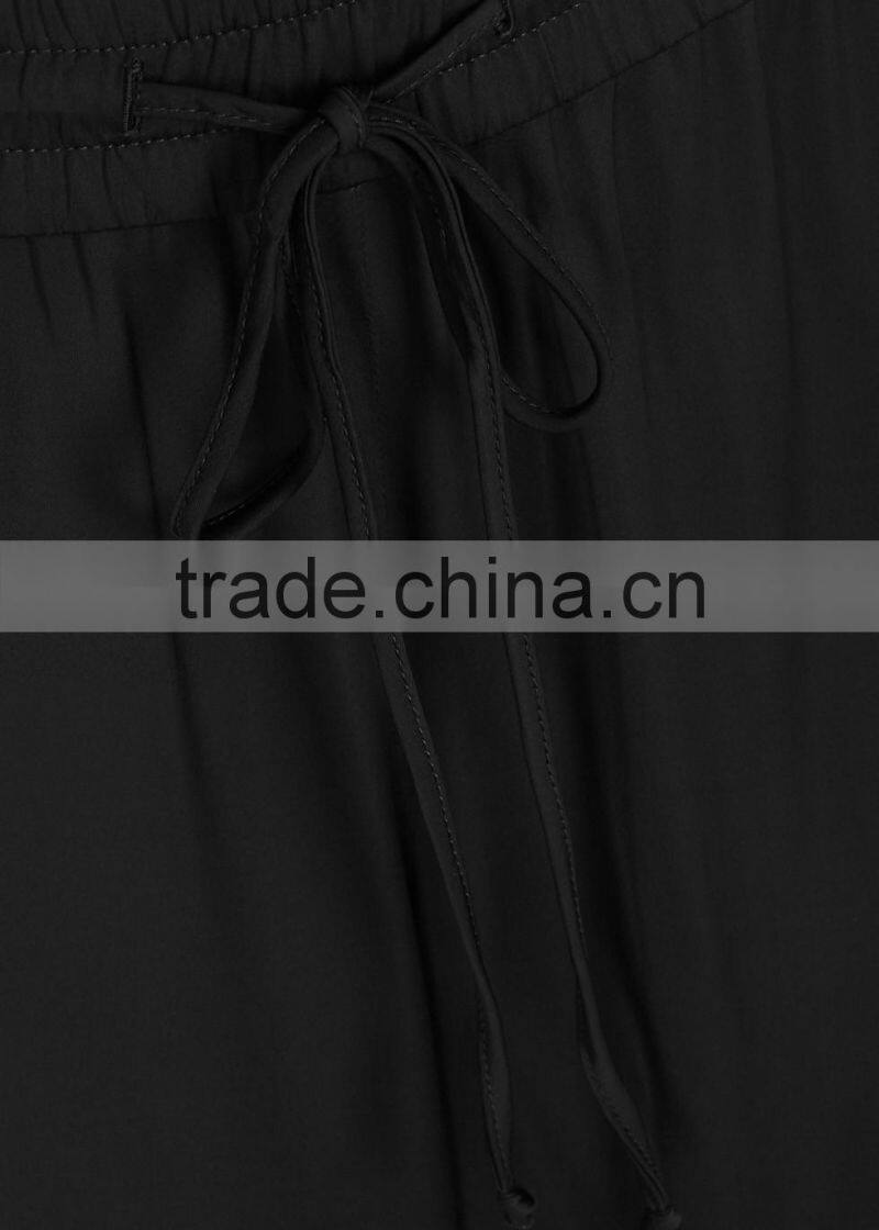 Wholesale Women Apparel Elasticated Drawstrint Waist Black Satin Trousers(DQE0354P)