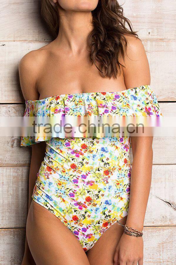 ladies fashion big ruffle without strap one-piece swimwear