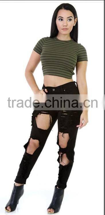 2016 women pants Ladies Casual white and black with waist-length Ripped distressed female jeans